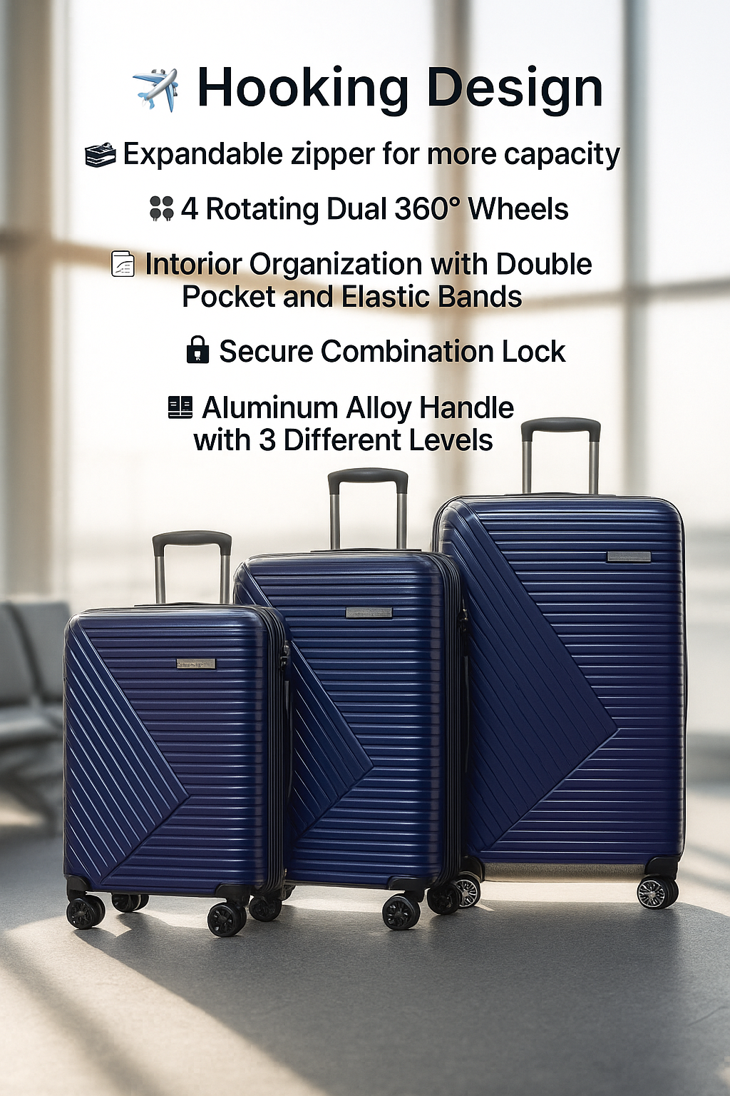 3-Pice Navy Suitcase Travel Set 20"+24+28"