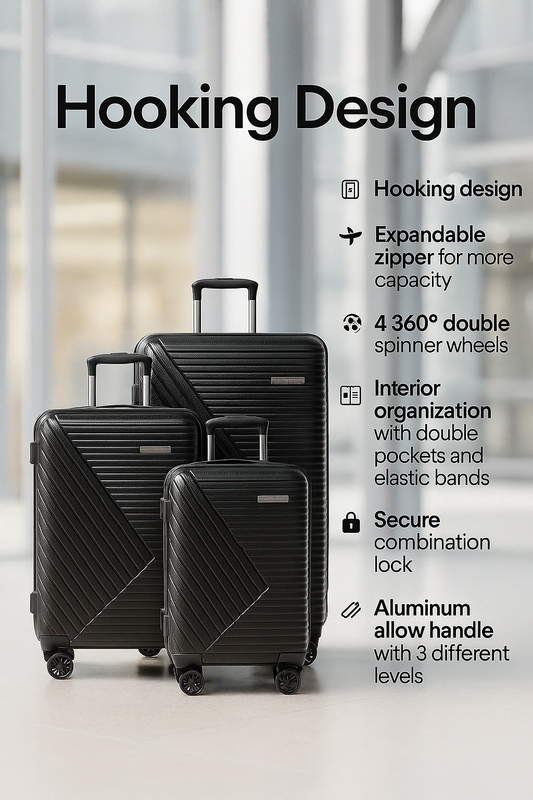 3-Piece Black Suitcase Travel Sets 20"+24"+28"